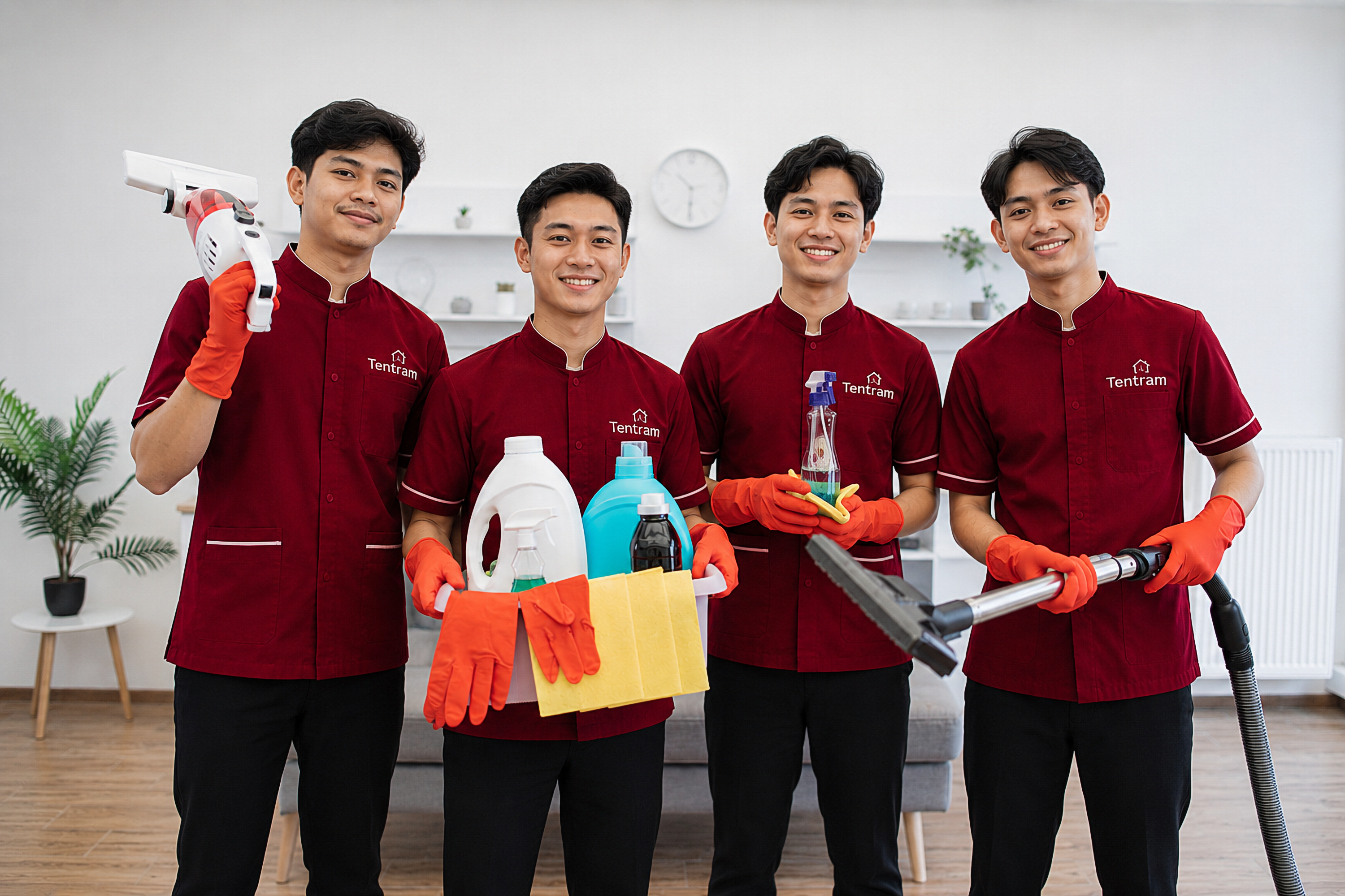 Tim cleaning profesional Tentram sedang membersihkan rumah